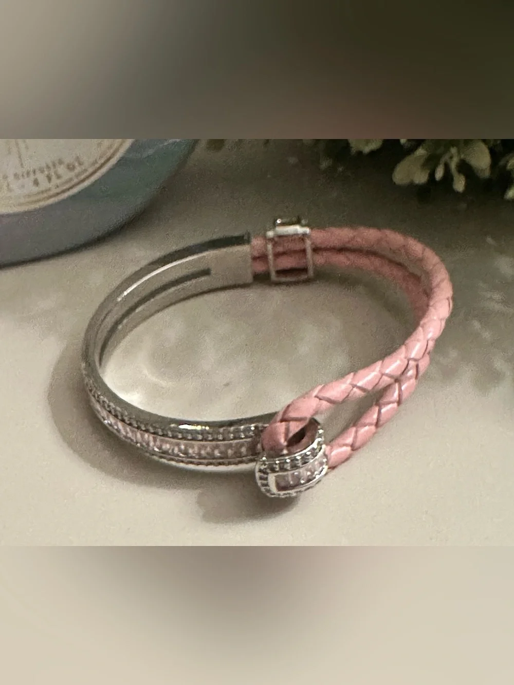 Braided Pink Leather Bracelet with Silver Bar Accent